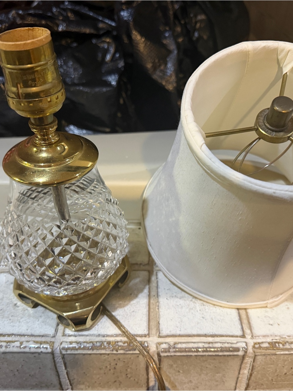 Crystal Table Lamp with White Shade and Brass Accents - Picture 2 of 6